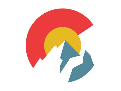 the mountain logo is shown in red, yellow and blue