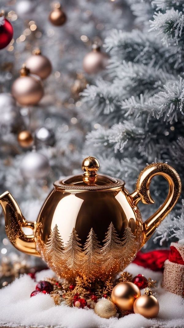 a gold teapot sitting on top of snow covered ground next to a christmas tree