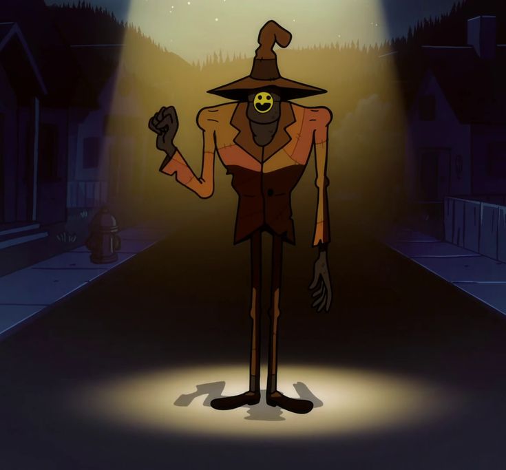 a cartoon character is standing in the dark