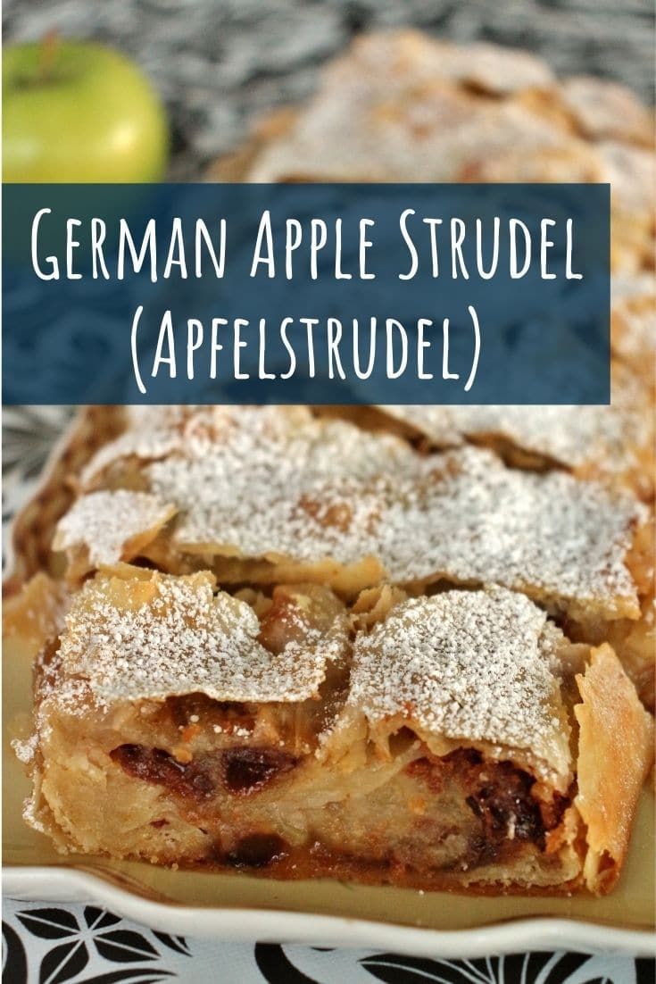 an apple strudel with powdered sugar on top and the words, german apple strudel afelstrudel