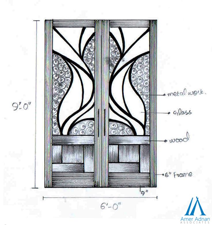 an architectural drawing shows the details for a glass door with decorative designs on each side