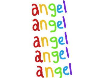 the word angel is made up of multicolored letters on a white background,