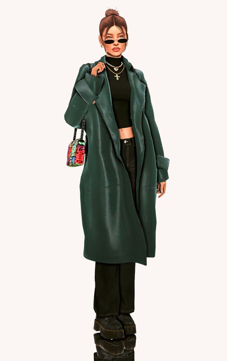 a woman in a green coat and black pants is standing with her hands on her hips