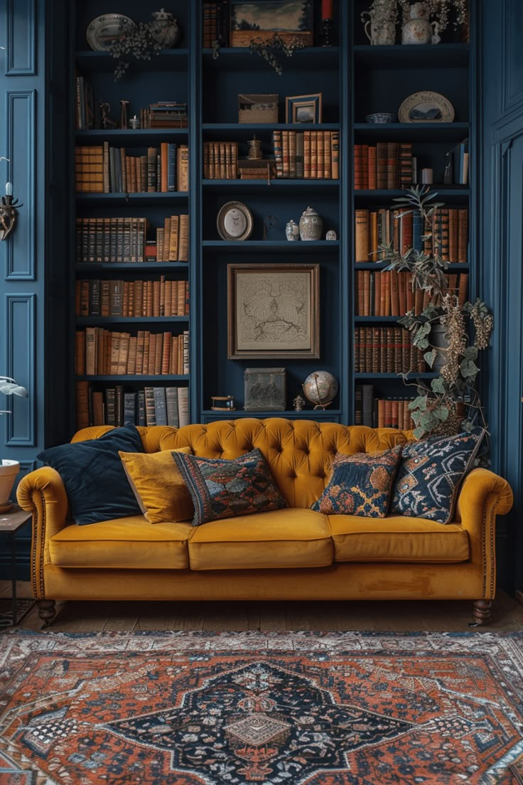 a living room filled with furniture and bookshelves covered in lots of blue paint