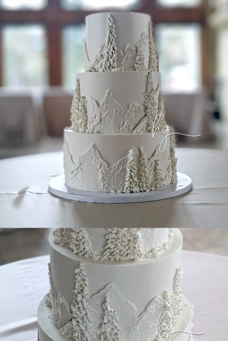 three tiered wedding cake with white frosting and pine trees on the top layer