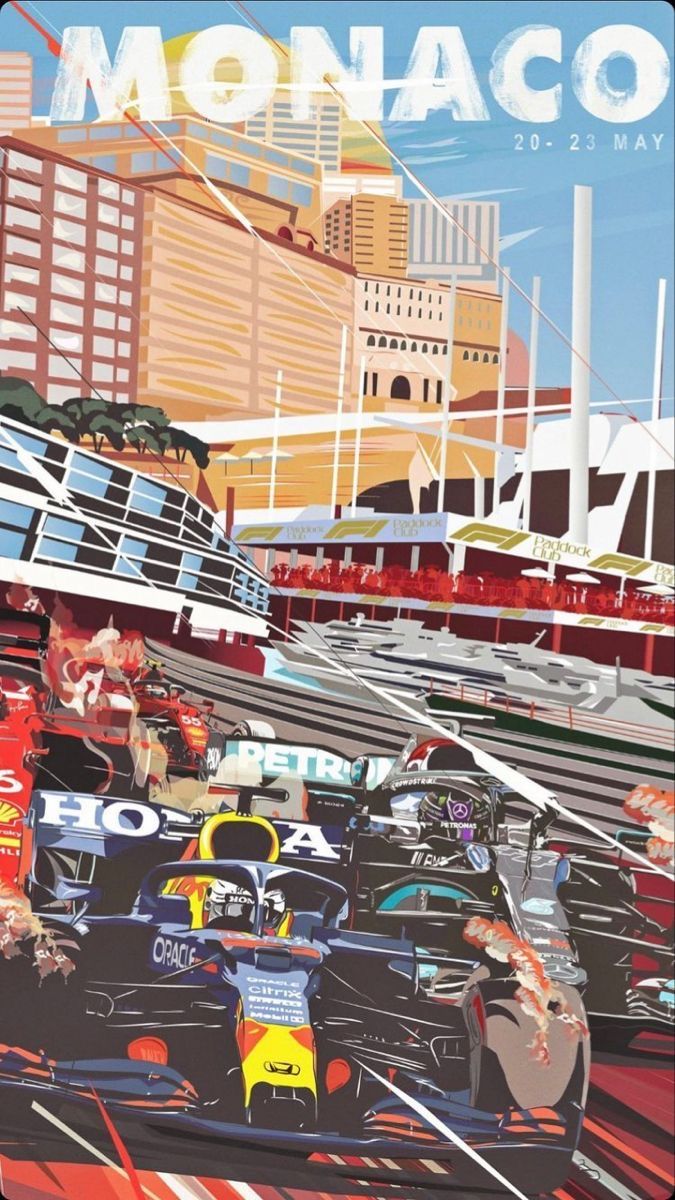 a painting of a race car in front of a cityscape with the word monaco on it