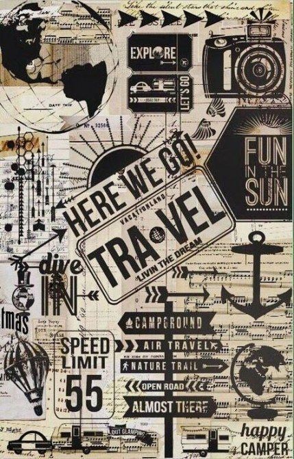 a collage of various travel related items on a piece of paper with the words here we go, travel