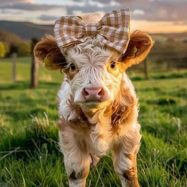 a brown and white cow with a bow on it's head standing in the grass