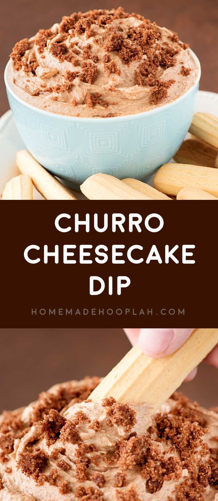 a bowl filled with cheesecake dip on top of a plate