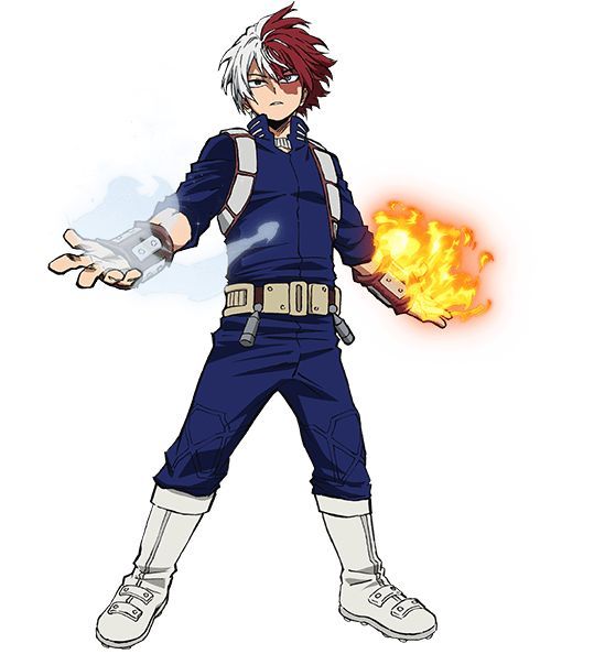 an anime character with red hair and blue pants holding his arms out in front of the camera