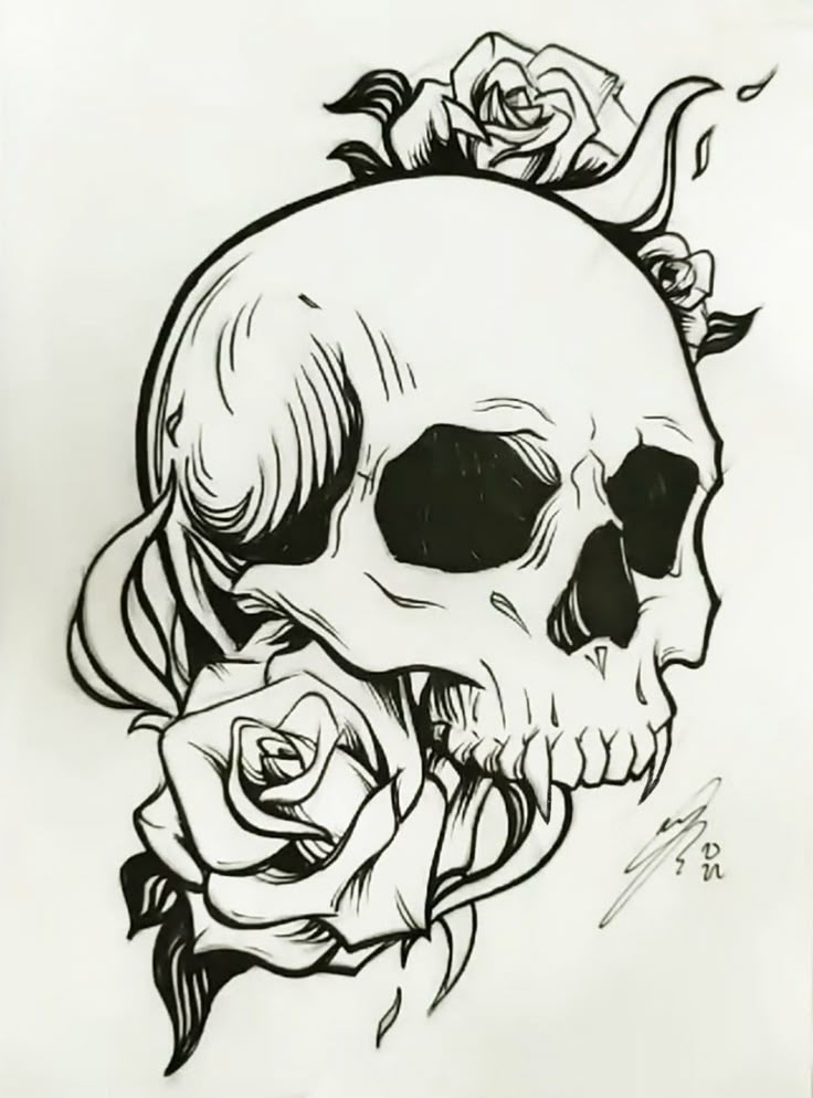 a drawing of a skull with roses on it