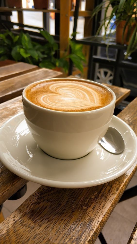 a cappuccino on a white saucer sitting on top of a wooden table