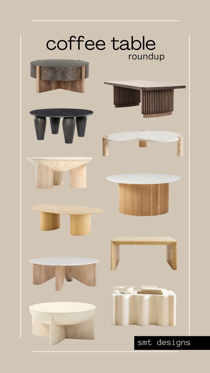 A roundup of coffee tables. Round leg coffee tables, wood coffee tables, modern coffee tables, fluted coffee tables Coffee Tables Wood, Coffee Tables Round, Coffee Tables Modern, Wood Coffee Tables, Coffee Table Ideas, Home Interior Accessories, Minimalist Coffee, Minimalist Coffee Table, Interior Design Presentation