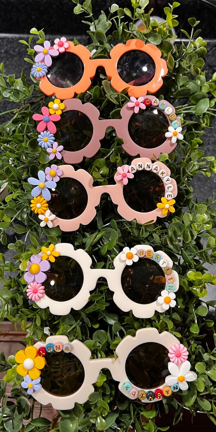 Cute Pink Sunglasses For Spring, Playful Multicolor Sunglasses For Spring, Cute Flower Shaped Sunglasses With Uv Protection, Playful Flower-shaped Plastic Sunglasses, Summer Birthday Sunglasses With Tinted Lenses, Personalized Sunglasses For Beach, Summer Tinted Sunglasses For Birthday, Whimsical Sunglasses With Uv Protection For Beach, Whimsical Beach Sunglasses With Uv Protection