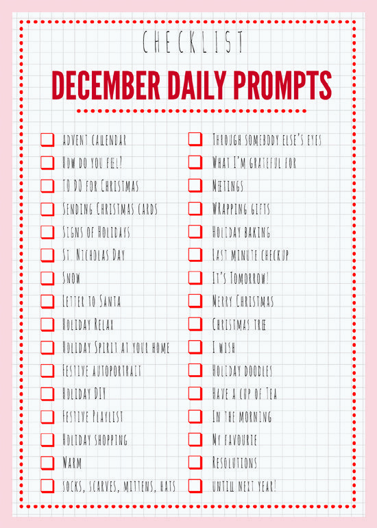 a red and white chevroned checklist with the words december daily prompts