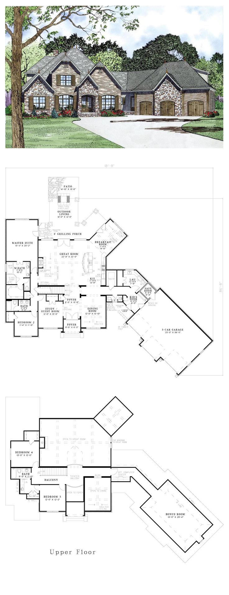 the floor plan for this house is shown in two separate sections, one with an attached garage