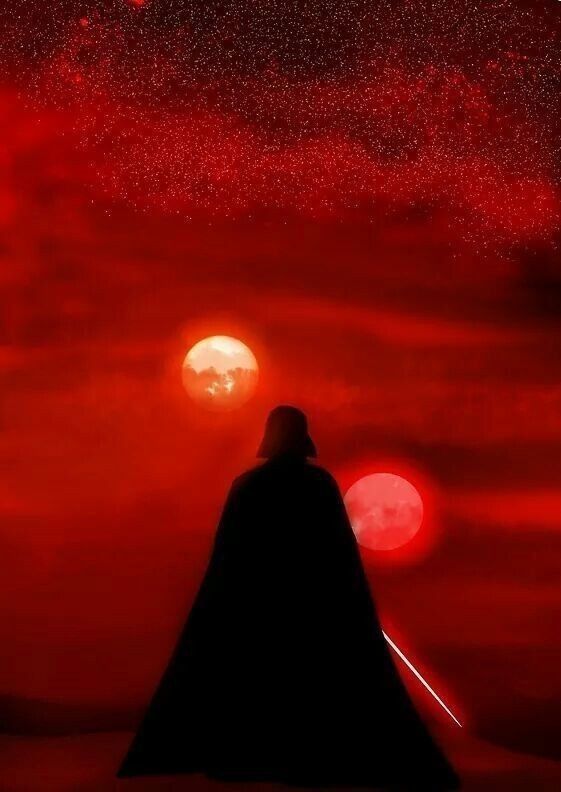 the silhouette of darth vader standing in front of a red sky with stars