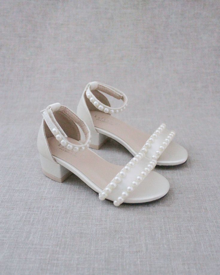 White Pearl Open Toe Heels, White Pearl Embellished Wedding Shoes For Bridesmaids, White Pearl Open Toe Wedding Shoes, Pearl-embellished Round Toe Wedding Shoes, Pearl Embellished Wedding Shoes With Round Toe, Sandals With Pearls, Pearl Heels, Bridal Shoe, Flower Girl Shoes