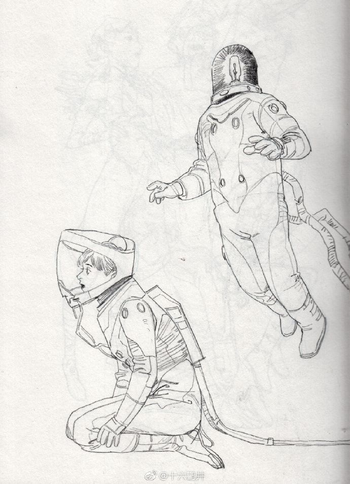 a drawing of two people in space suits, one holding a hose and the other sitting down