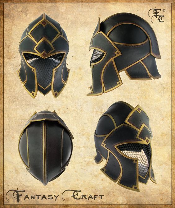 four different types of helmets with gold accents