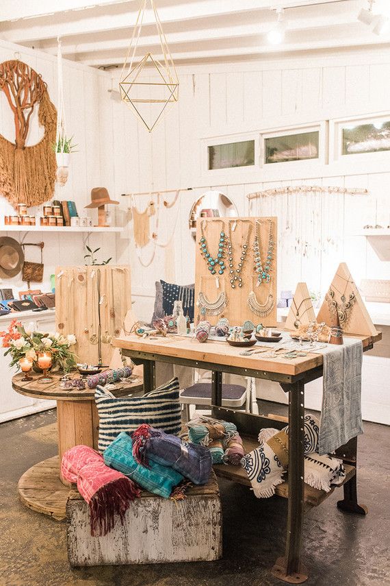 a table with many items on it in a room that has white walls and floors