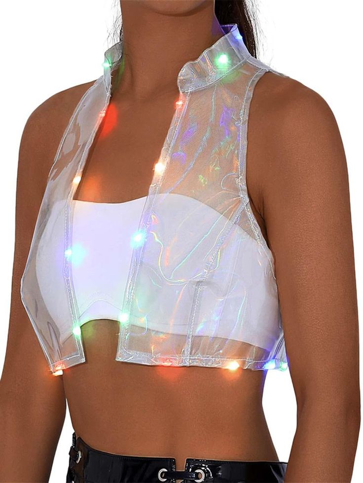 PRICES MAY VARY. Flashing crop vest jacket is made of tpu polyester, clear and lightweight.This vest use soft and breathable fabric, comfortable and fashionable. Open front cropped waistcoat size: S/M.Please refer the size chart in the picture for more details that choose the most suitable size for yourself. Shinny light up waistcoat is featuring led flashing design, open front, sleeveless, collar, cropp top length, soft smooth full lining to stop the vest from scratching your skin.Delicate dura Cardigan Vest Sleeveless, Rave Fits, Leather Waistcoat, Rave Outfit, Cropped Vest, Sleeveless Cardigan, Man Fashion, Vest Coat, Sleeveless Jacket