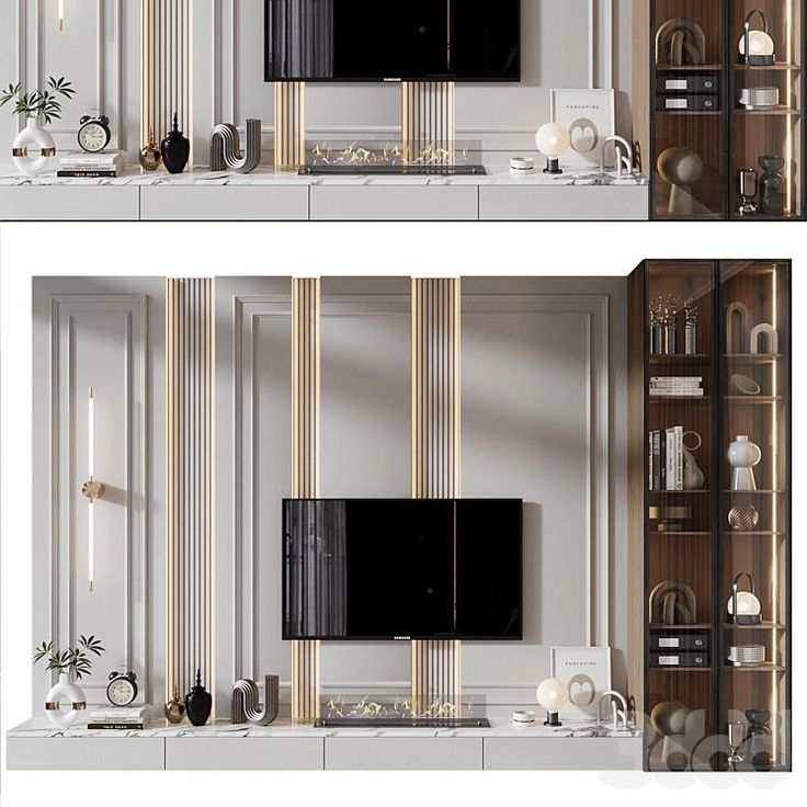 there are two pictures of the same wall unit in this living room, one is black and white