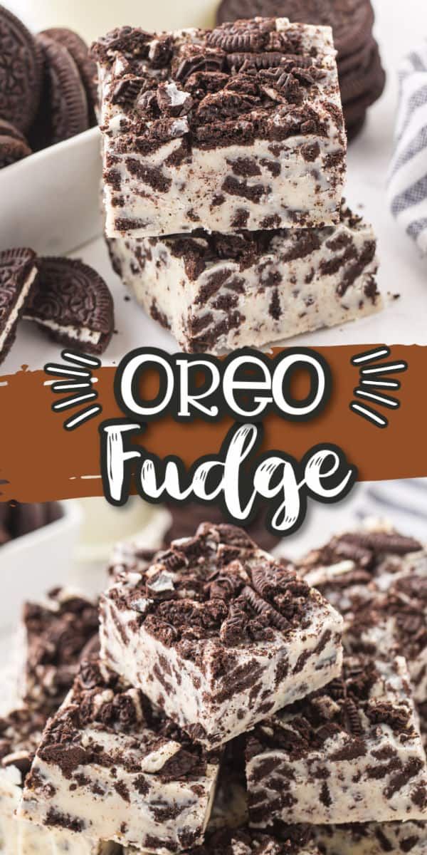 oreo fudge brownie bars stacked on top of each other with the words oreo fudge above them