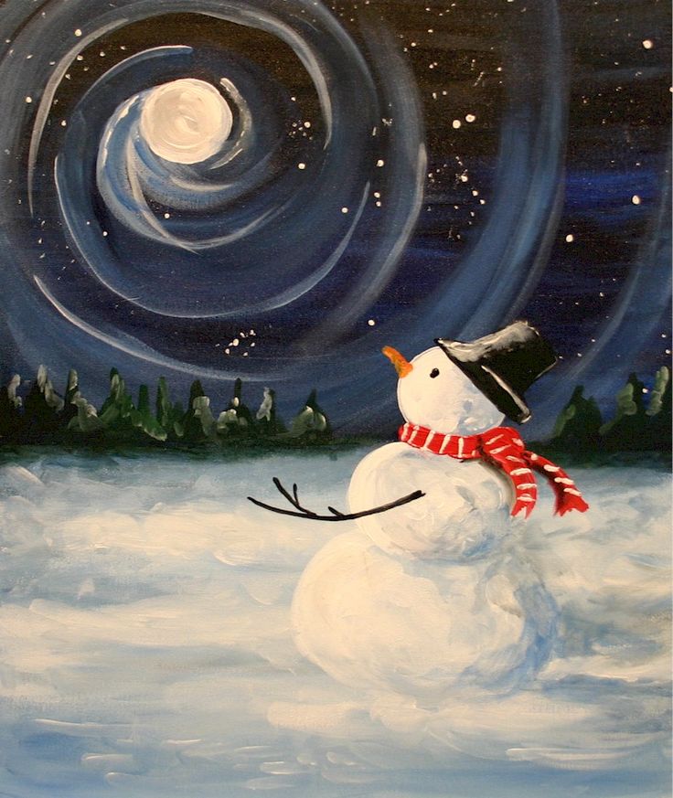 a painting of a snowman with a hat and scarf