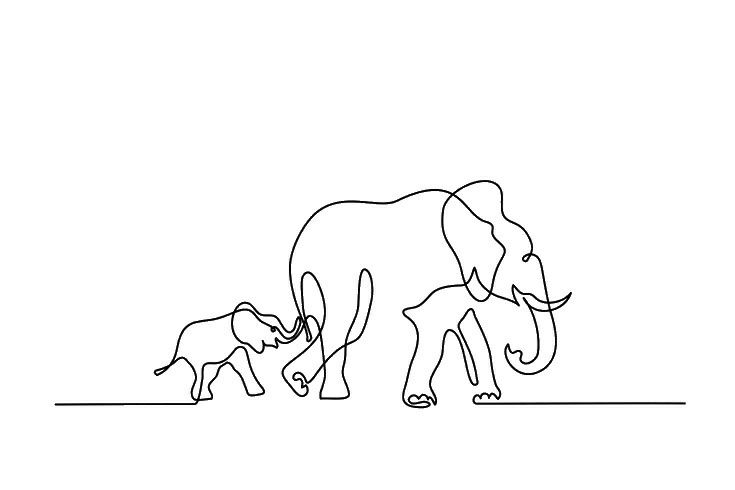 an elephant and its baby are standing in front of each other, one line drawing