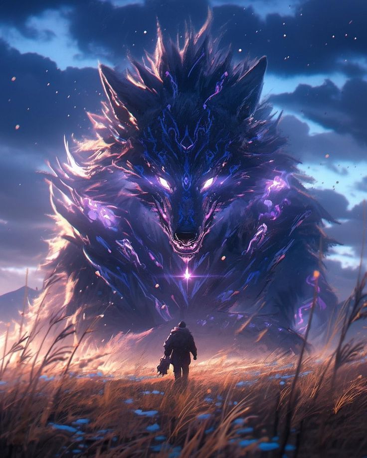 a man standing in front of a giant monster with purple lights on it's face