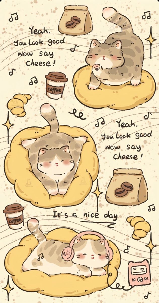 a cat sleeping on top of a pillow with donuts and coffee in the background