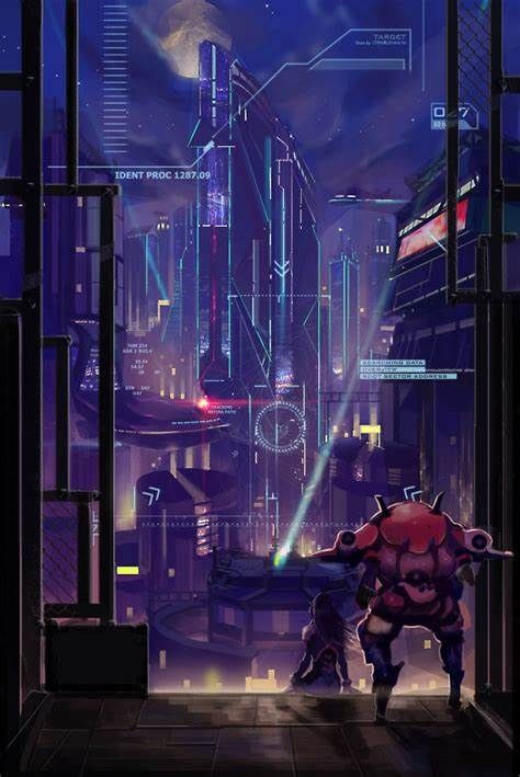 an image of a futuristic city at night with two people in the foreground and one person on the ground