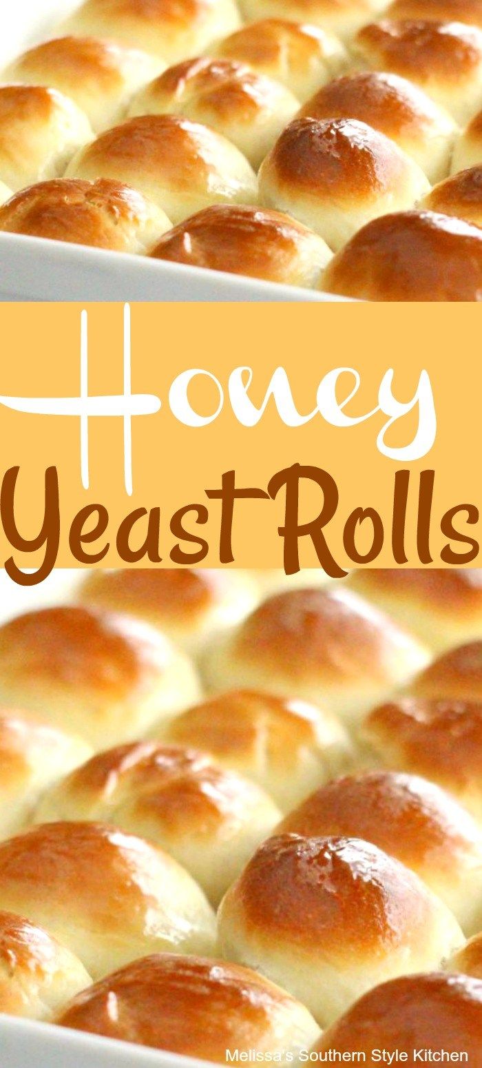 honey yeast rolls in a baking dish with the title overlay reading honey yeast rolls