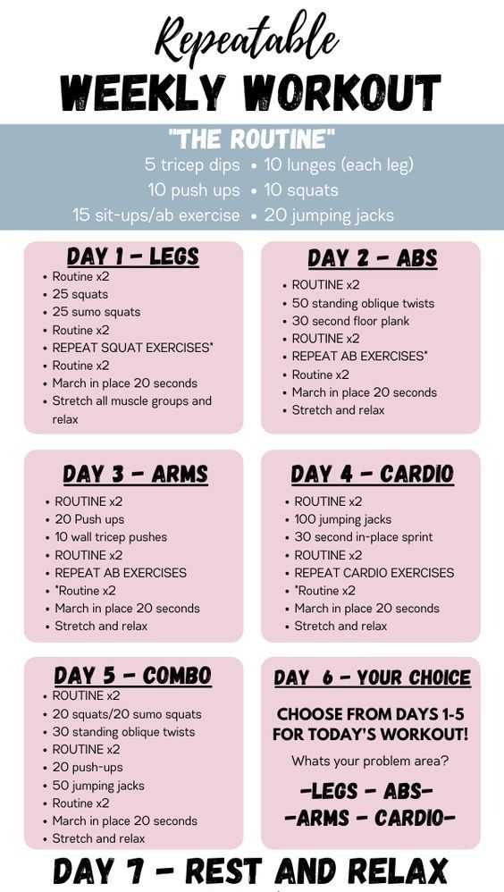 the workout plan is shown in pink and blue, with instructions for each week's workout