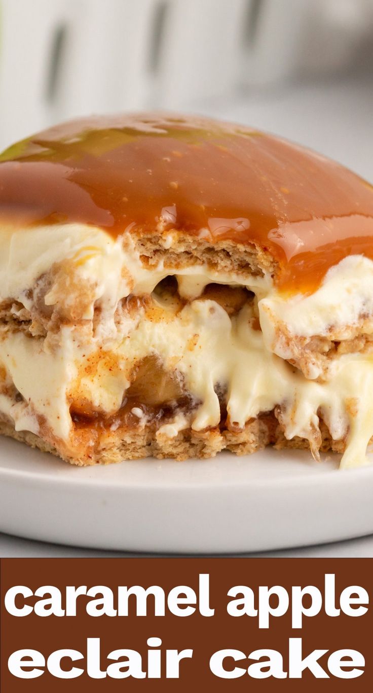 caramel apple eclair cake on a white plate with the title overlay