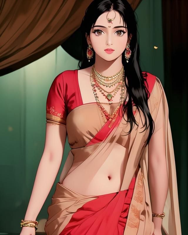 a woman in a red sari with jewelry on her neck and hands behind her back