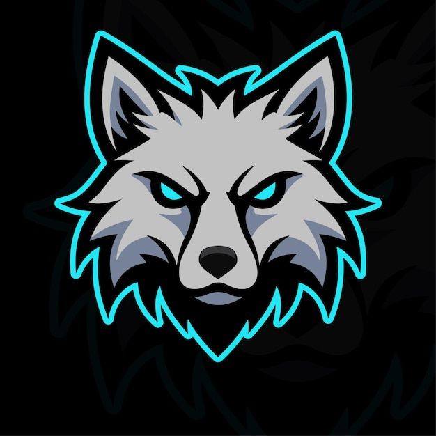 a wolf's head with glowing blue eyes on a black background in the style of neon