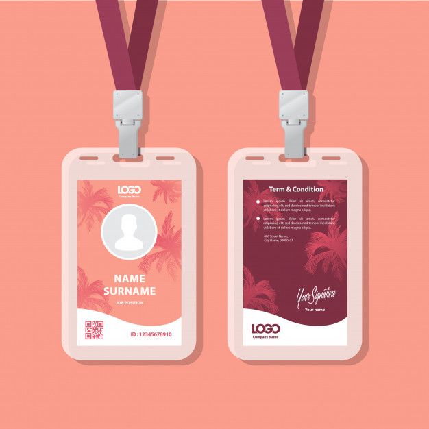 two id cards with lanyards attached to them on a pink background, one has a name tag and the other has a red ribbon