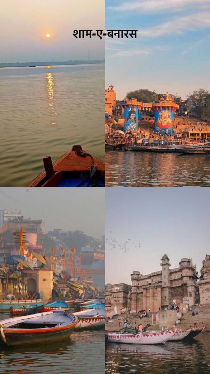 four different pictures with boats in the water