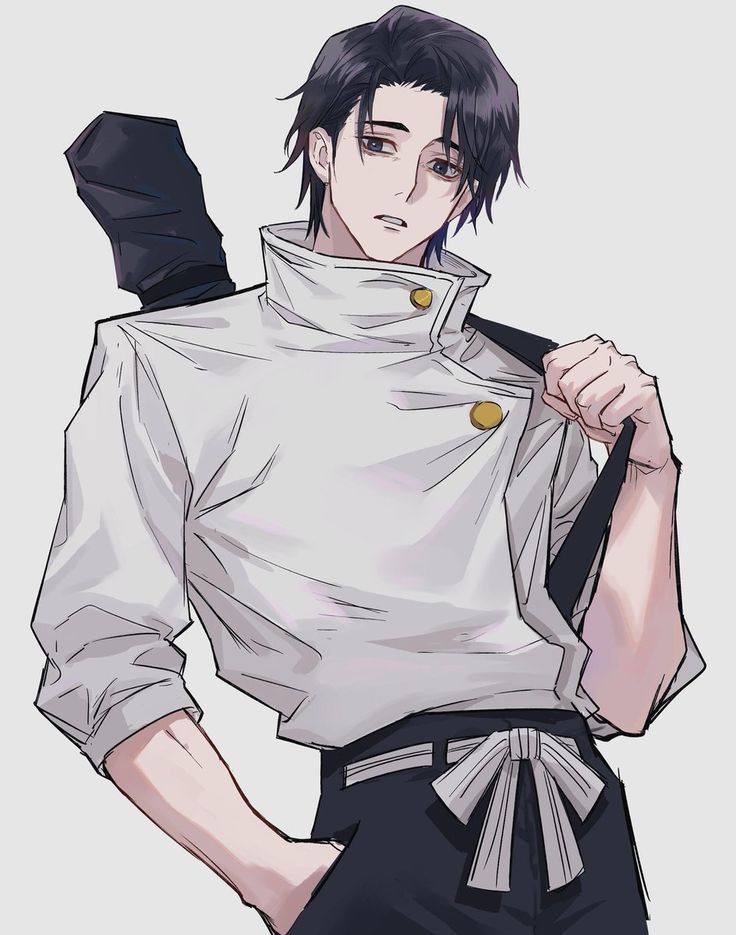 an anime character with black hair wearing a white shirt and blue pants, holding his jacket over his shoulder