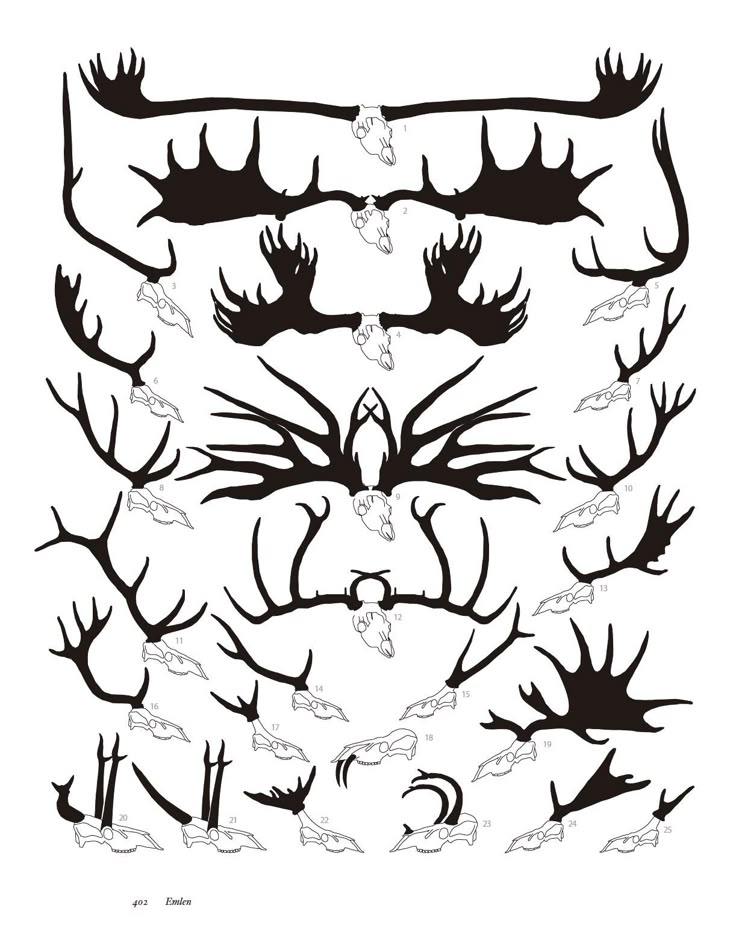 the silhouettes of deer's heads and antlers are drawn in black ink