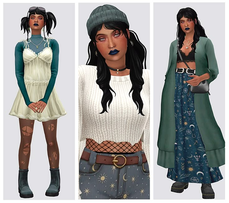 three different poses of an animated woman wearing clothes and hats, one with long black hair