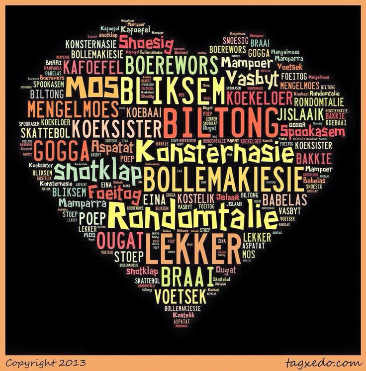 a black and orange word cloud with words in the shape of a heart on a black background