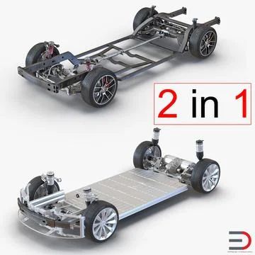 two different views of a car with wheels and suspensions on the front, rear and side