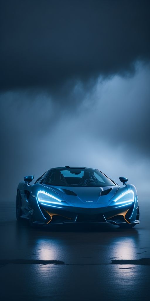 a blue sports car in the middle of a dark sky with lights on it's hood