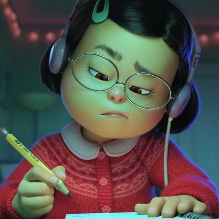 an animated character wearing headphones and holding a pencil