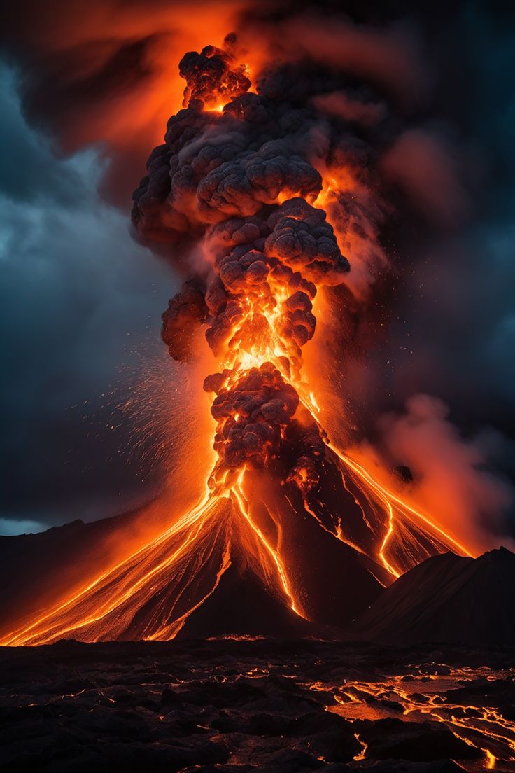 a volcano erupts lava as it rises into the sky