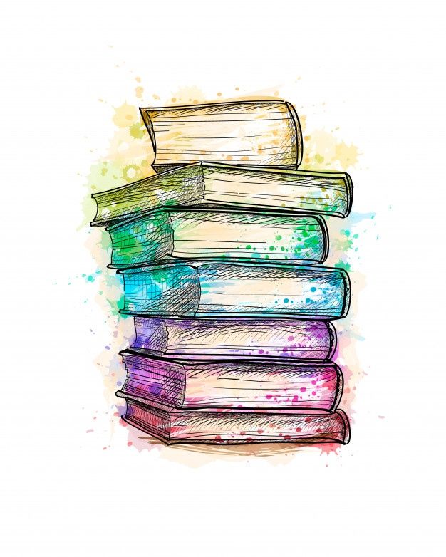 a stack of books on top of each other with watercolor splashs and paint splat