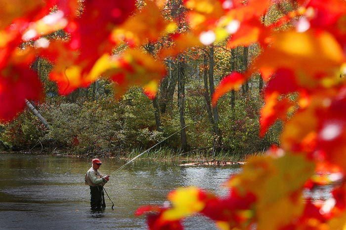 a man standing in the middle of a river holding a fishing rod